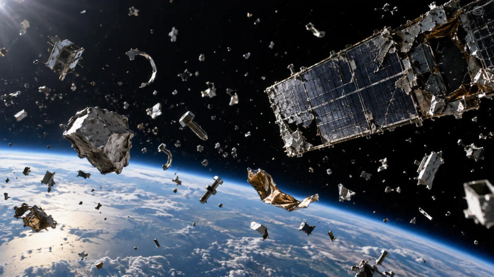 Broken satellite panels, bolts, foil and many smaller fragments drifting above Earth
