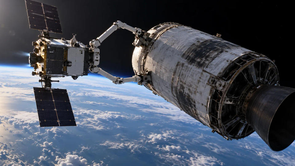 Robotic orbital tug using articulated arms to secure a large derelict rocket stage above Earth