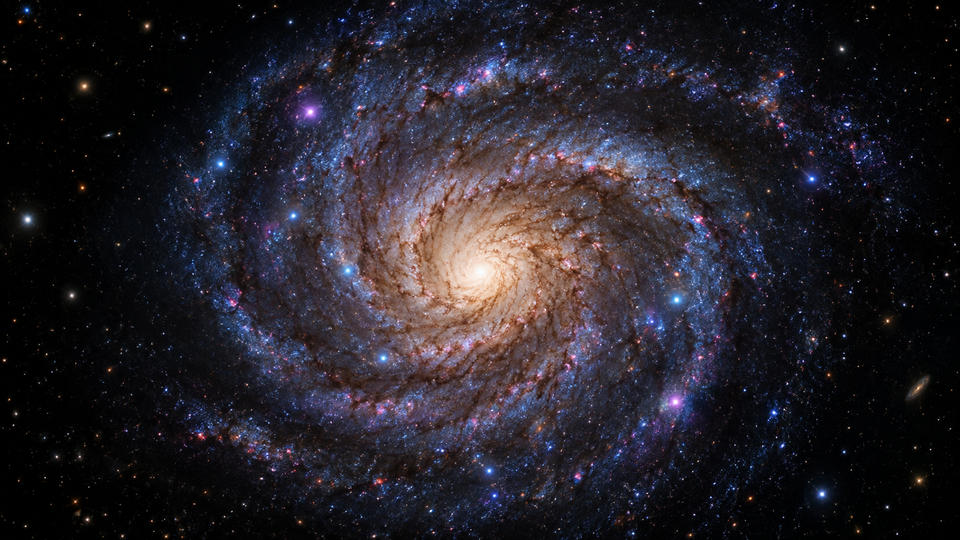 A spiral galaxy filled with bright stars and glowing star-forming regions