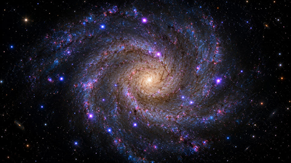 A face-on spiral galaxy glowing with blue stars, pink nebulae, and a bright central core