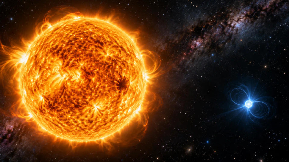 A glowing Sun-like star beside a tiny blue-white neutron star in deep space