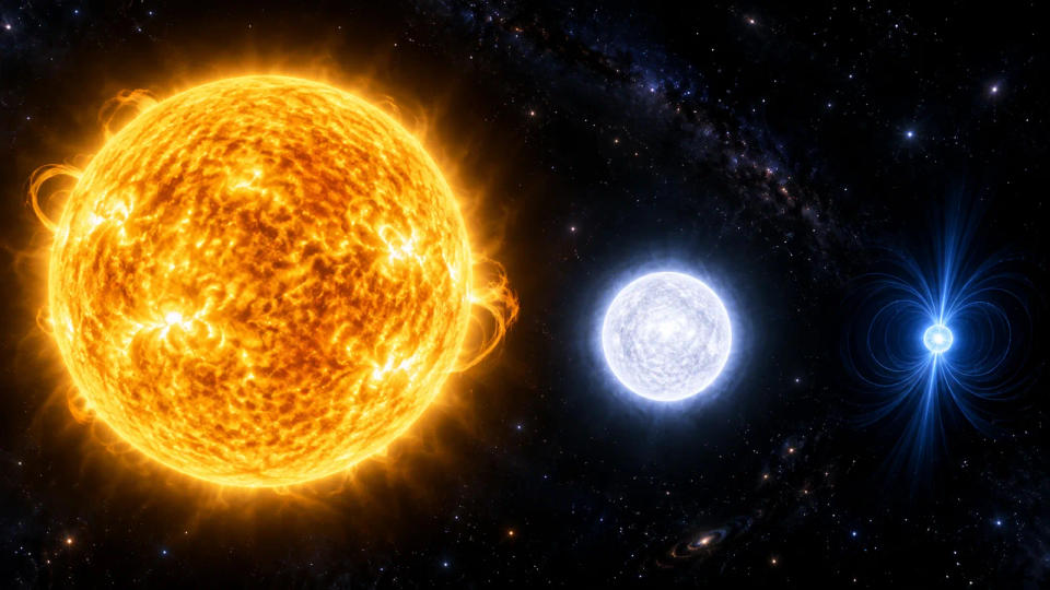 A visual sequence showing a large Sun-like star, a much smaller white dwarf, and a tiny blue neutron star