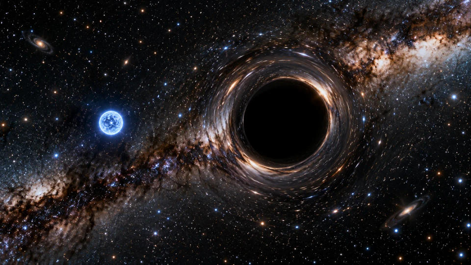 A compact blue neutron star beside a dark black hole whose gravity bends the surrounding starlight