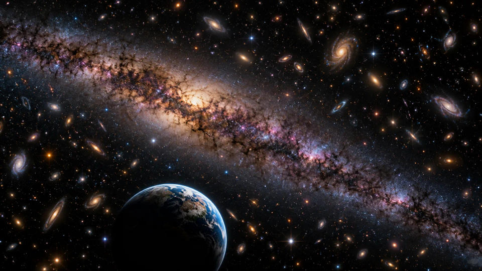 Earth beneath a sweeping Milky Way and a deep field of distant galaxies, showing the layered scale of the cosmos