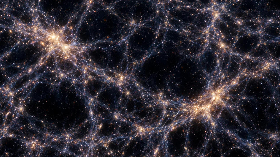 A scientific visualization of the cosmic web with bright galaxy clusters linked by luminous filaments around enormous dark voids