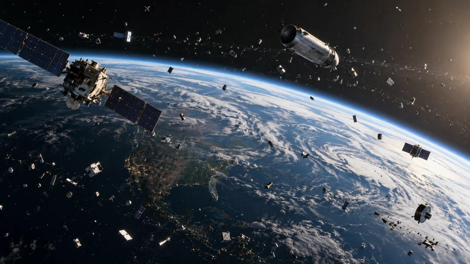 Scientific visualization of Earth surrounded by active satellites, rocket bodies, and orbital debris in crowded low Earth orbit