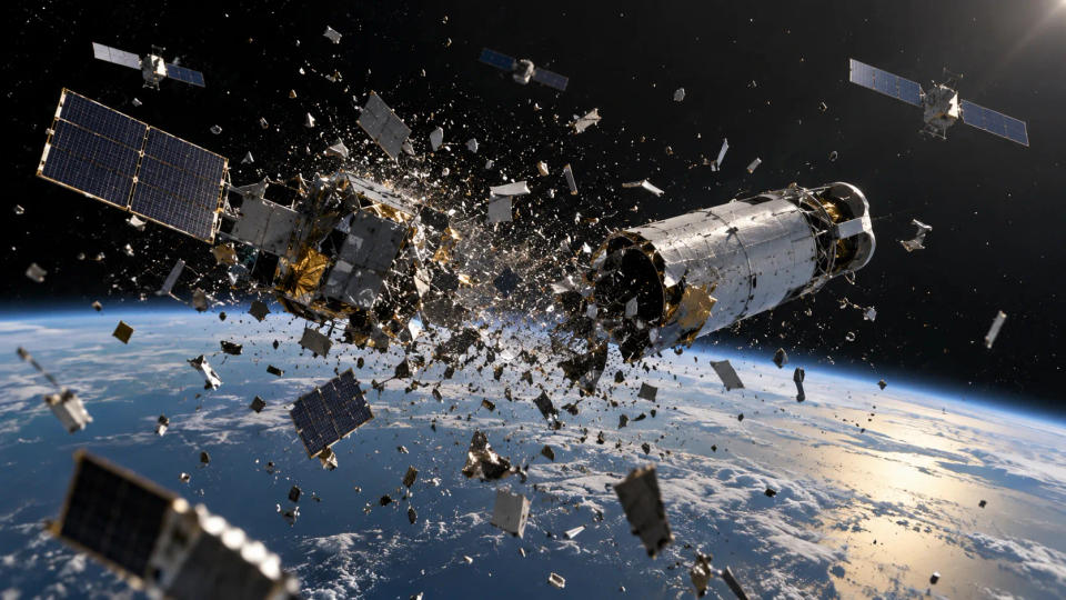 Scientific visualization of two spacecraft breaking apart in low Earth orbit and creating a cloud of fast-moving debris