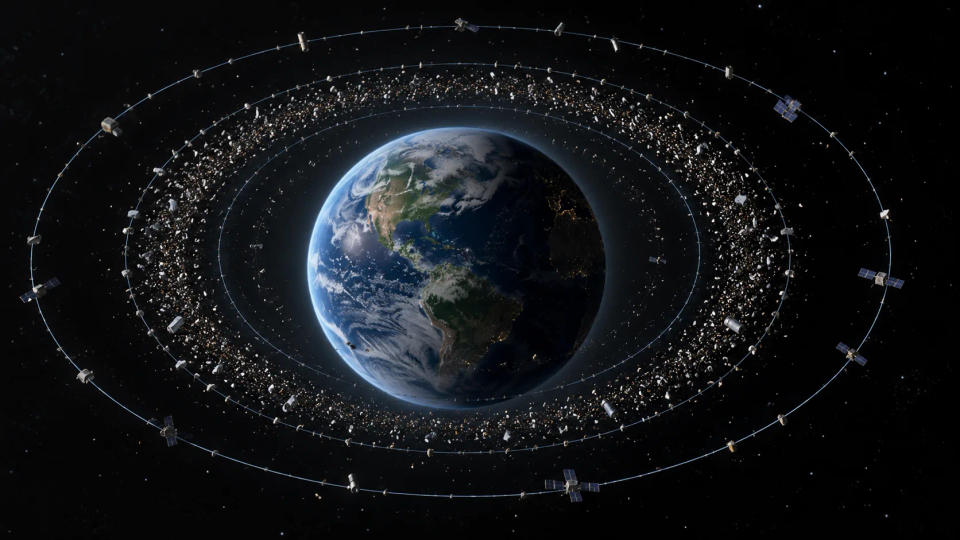 Scientific visualization of Earth with multiple orbital bands, showing a denser debris belt at vulnerable low Earth orbit altitudes