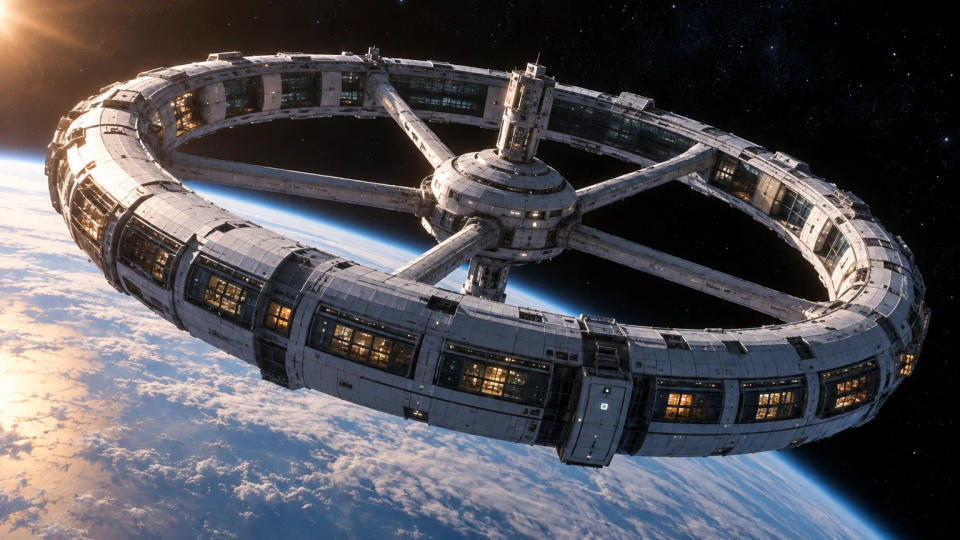 A realistic ring-shaped rotating space habitat with a central hub, spokes and living modules above Earth.