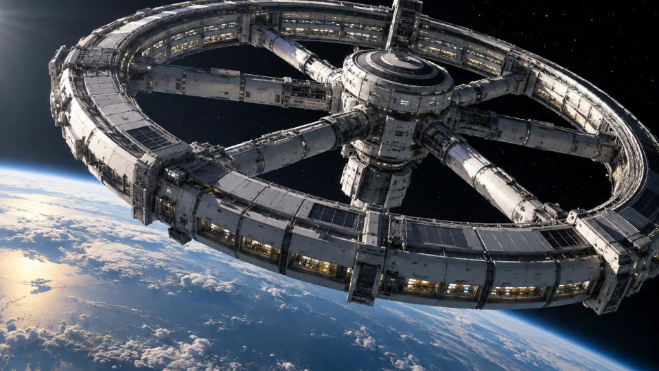 Close exterior view of a rotating ring space habitat showing heavy structural supports, modules, windows and a central docking hub.