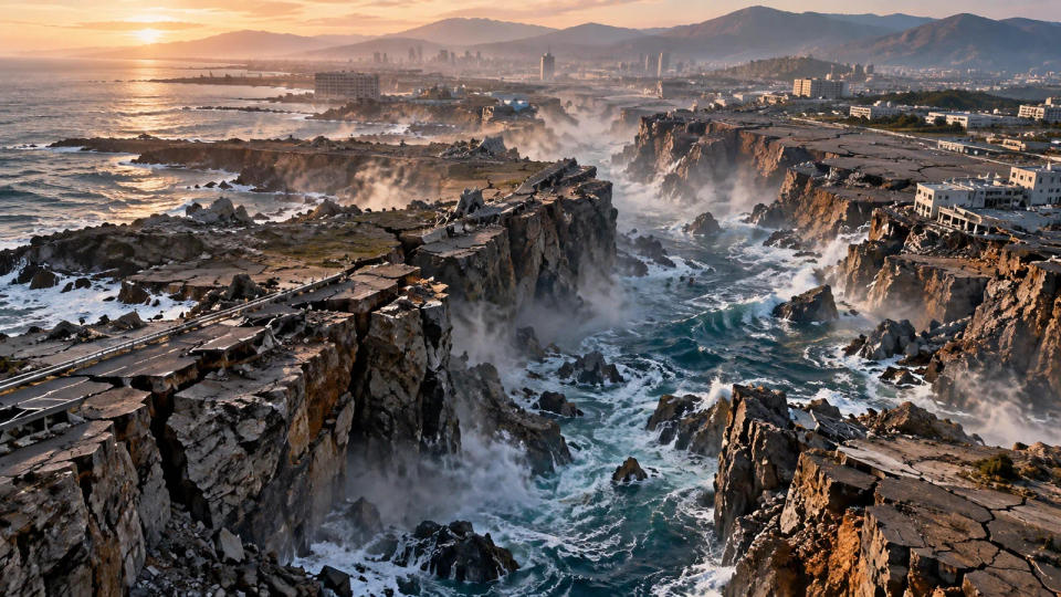 Photorealistic hypothetical reconstruction of fractured coastal ground and seawater surging through a giant rift