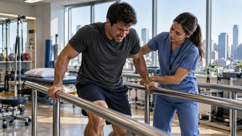 Photorealistic conceptual scene of a person struggling during supported walking in a rehabilitation clinic