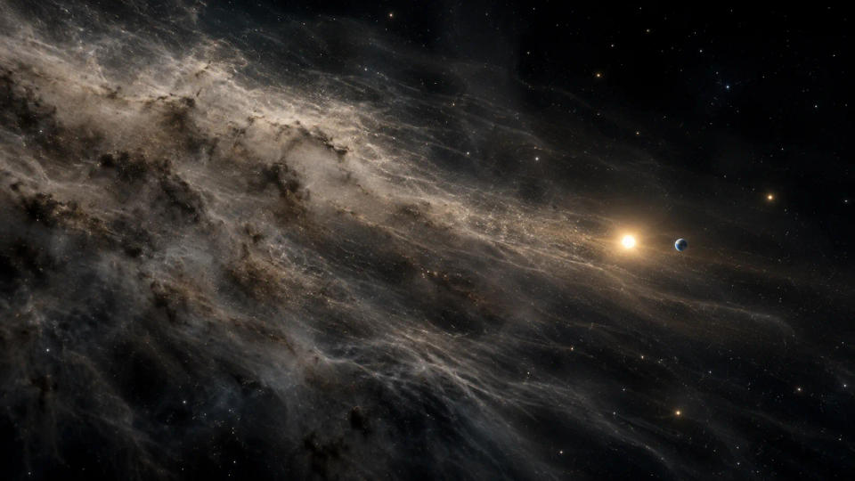 Conceptual wide view of the Sun and a small Earth near a diffuse interstellar cloud, not an actual telescope photograph.