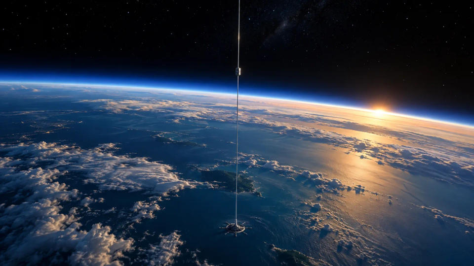 Space elevator tether rising from an equatorial ocean platform above Earth at sunrise