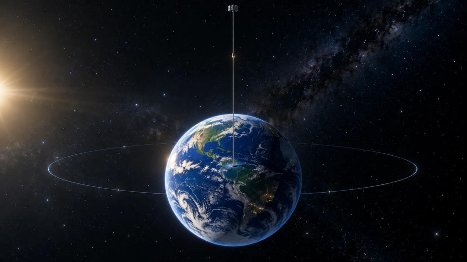Earth with an equatorial space elevator tether extending through geostationary orbit to a counterweight