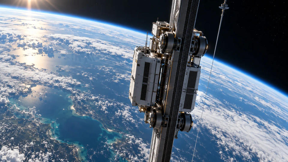 Mechanical space elevator climber gripping a tether high above Earth's curved horizon
