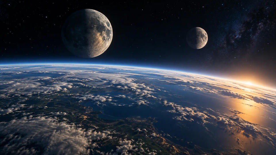 Artist concept of Earth seen from orbit with two cratered moons above the horizon
