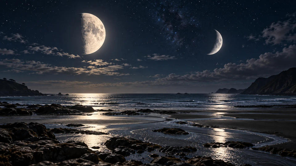 Artist concept of a rocky coastline and tidal flats illuminated by two moons at night
