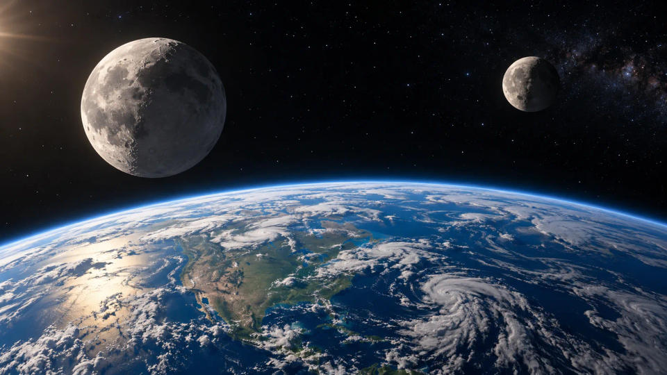 Artist concept of Earth from orbit with two large moons at different apparent distances