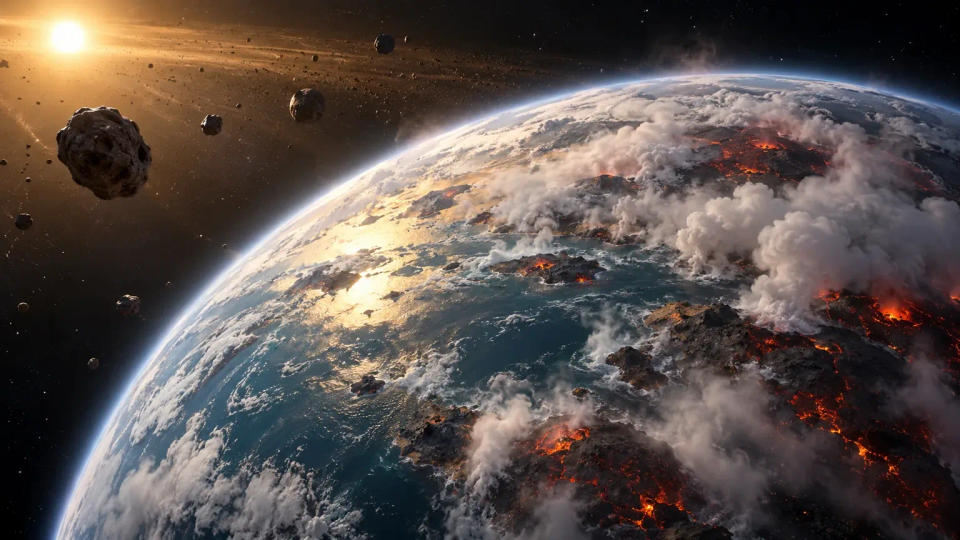 Young Earth with volcanic crust, steam, emerging oceans, and primitive rocky bodies under the early Sun.