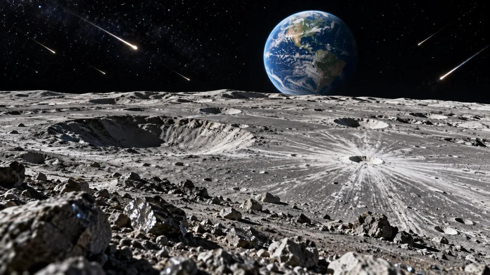 Cratered lunar surface with Earth above the horizon and meteoroid trails, illustrating the Moon’s preserved record of ancient impacts.
