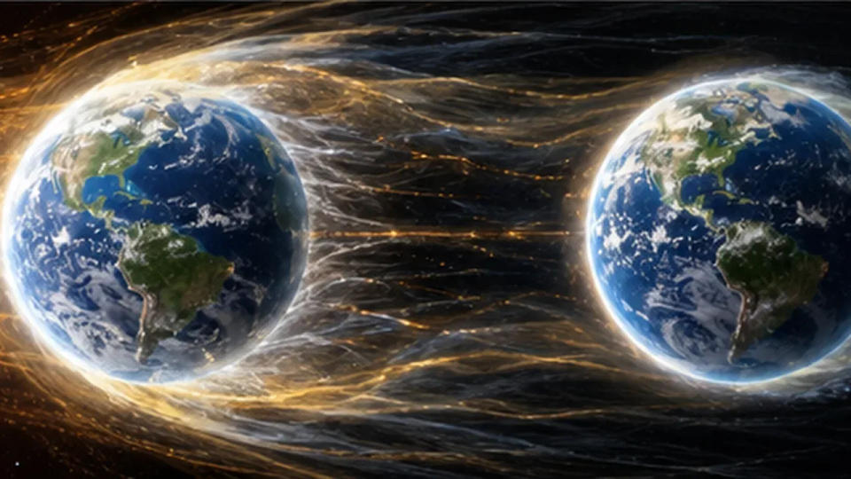 A satellite and astronaut above Earth while energetic solar particles stream through near-Earth space