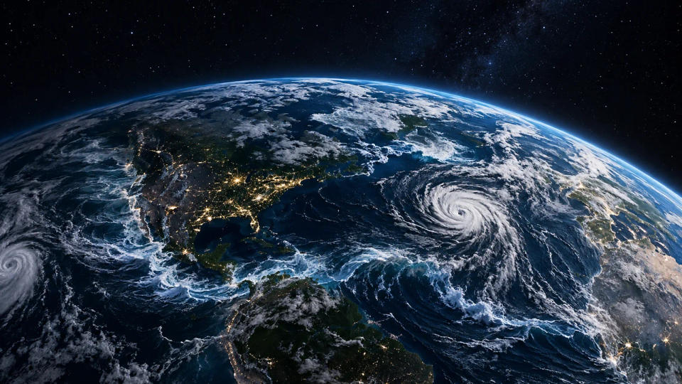 Conceptual orbital view of Earth's curved horizon, swirling cloud systems and oceans under a starry sky
