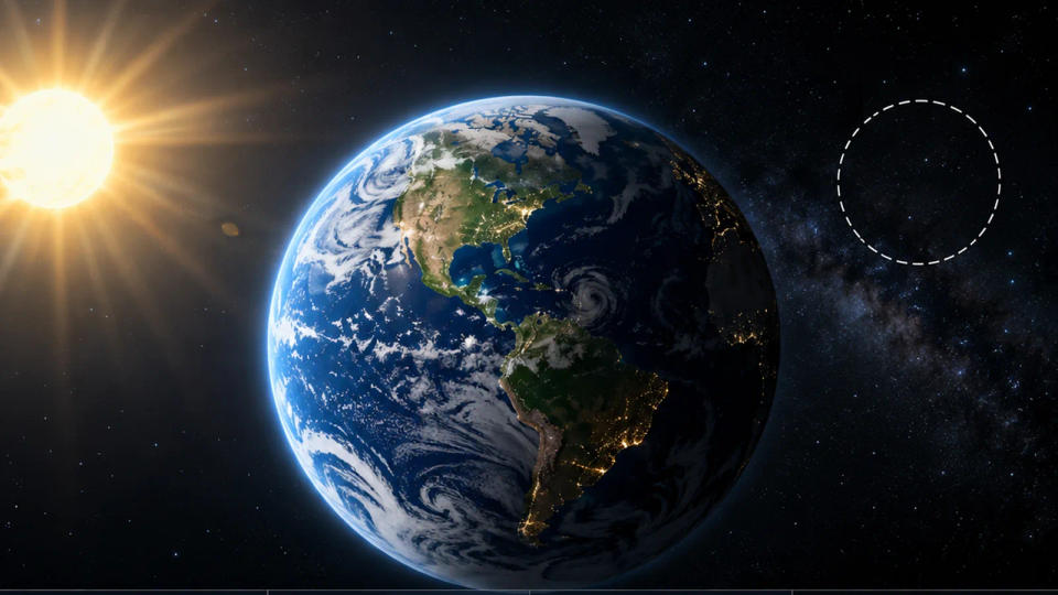 Conceptual illustration of the Sun shining on Earth beside an empty circular outline where the Moon would be, representing solar tides without lunar influence
