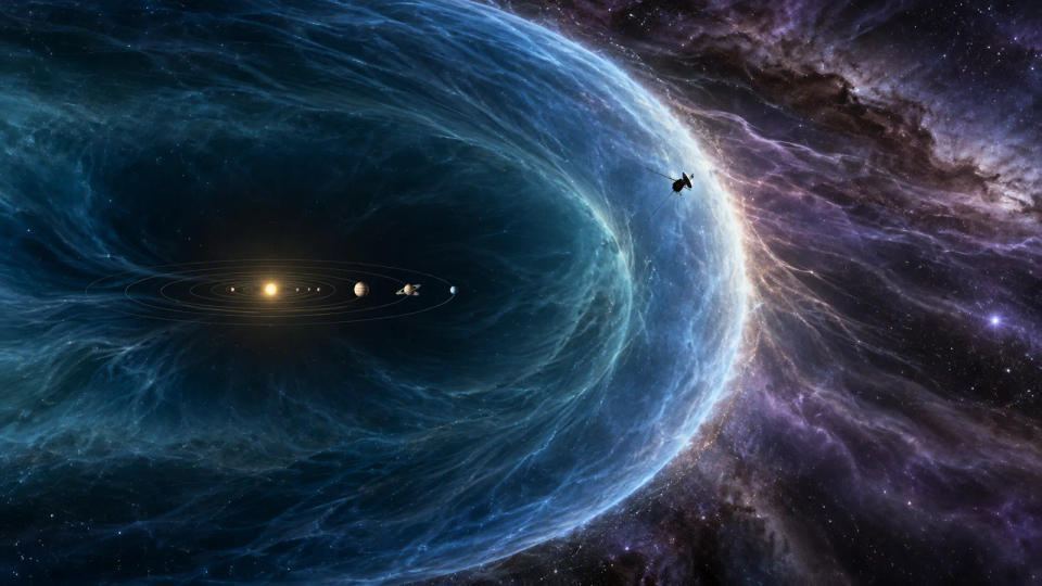 Illustration of the Sun and planets within a vast blue heliosphere, with a distant Voyager spacecraft beyond its bright boundary.