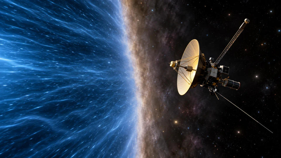 Artist's concept of a Voyager-like spacecraft with a gold dish antenna passing a luminous blue heliosphere boundary into dark interstellar space.