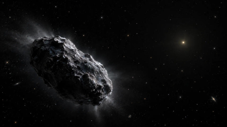 Conceptual view of an isolated dark icy comet-like body against a sparse starfield, representing the unobserved distant Oort Cloud.