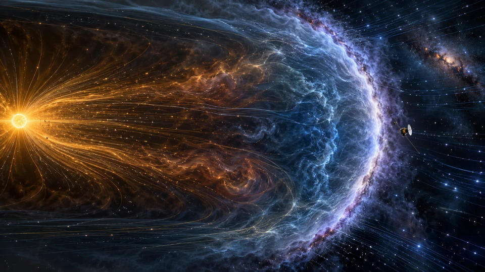 Visualization of solar wind flowing from the Sun toward the heliopause, with a distant Voyager-like probe beyond the plasma boundary