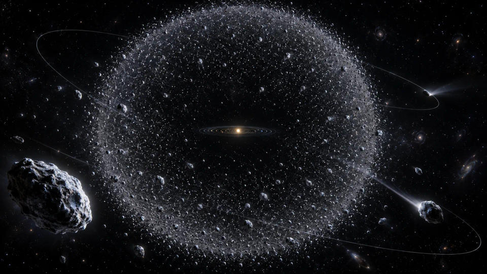 Scientific visualization of the distant Oort Cloud as a spherical swarm of icy bodies surrounding the tiny inner Solar System