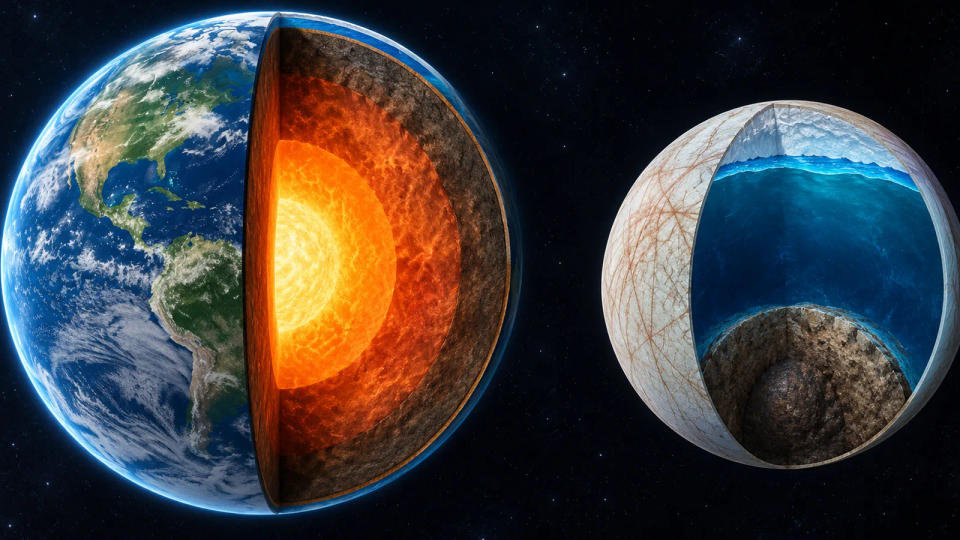 Cutaway comparison of Earth and Europa showing Earth's shallow surface oceans and Europa's much deeper global ocean beneath ice