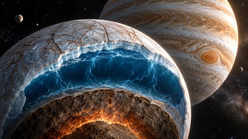 Scientific cutaway visualization of Europa showing its icy shell, deep subsurface ocean and rocky interior with Jupiter in the background