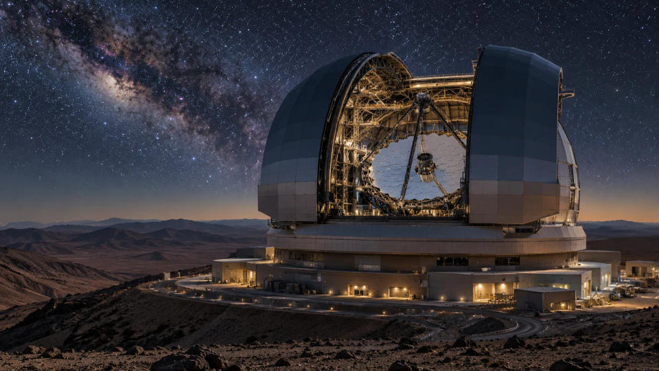 Scientific visualization of the Extremely Large Telescope on Cerro Armazones beneath a star-filled Atacama sky