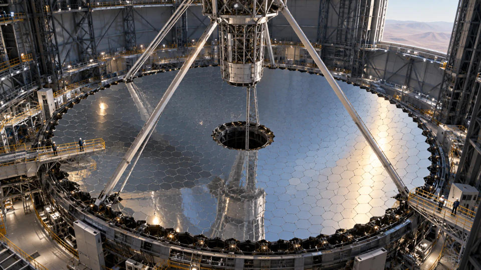 Interior scientific visualization showing the ELT's enormous segmented primary mirror surrounded by steel support structures and maintenance walkways