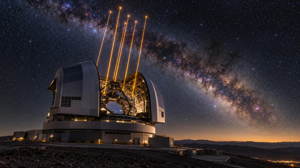 Scientific visualization of a giant mountaintop telescope projecting multiple orange laser guide-star beams into the night sky for adaptive optics