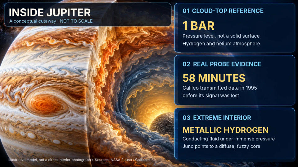 English science infographic of a conceptual Jupiter cutaway with verified callouts: one-bar cloud reference level, Galileo’s 58-minute 1995 descent record, metallic hydrogen and Juno’s diffuse-core evidence; diagram not to scale.