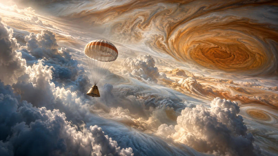 Artist’s realistic illustration of a small parachute-borne atmospheric probe suspended over towering blue-white and tan clouds with a gigantic orange Jovian storm in the distance.