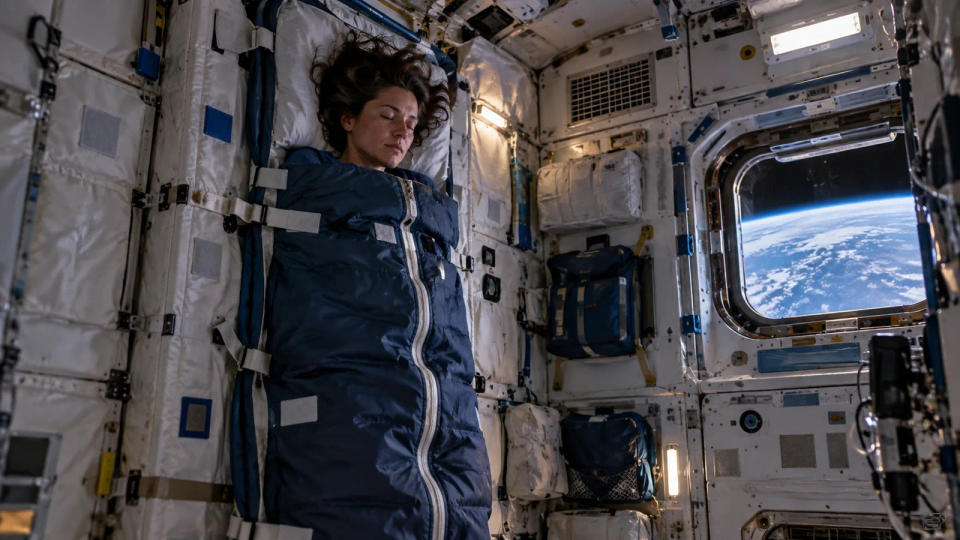 Astronaut sleeping in a wall-mounted sleeping bag inside a compact space station crew cabin with Earth visible through a window.