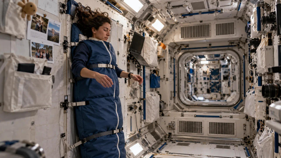 Astronaut sleeping in a blue sleeping bag strapped to the wall of a compact space station cabin, with personal items and equipment nearby.