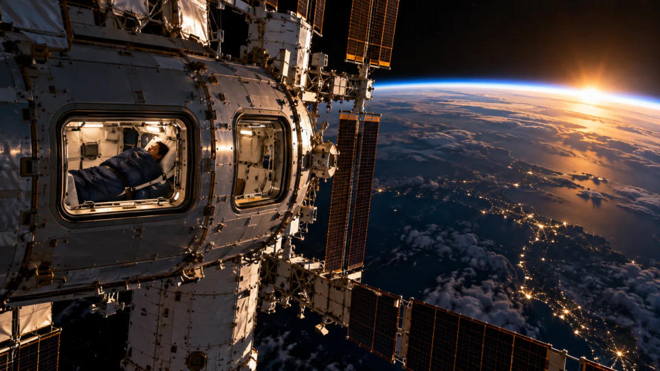 Space station orbiting above Earth at sunrise, with a sleeping astronaut visible through a lit cabin window, illustrating the rapid day-night cycle in orbit.