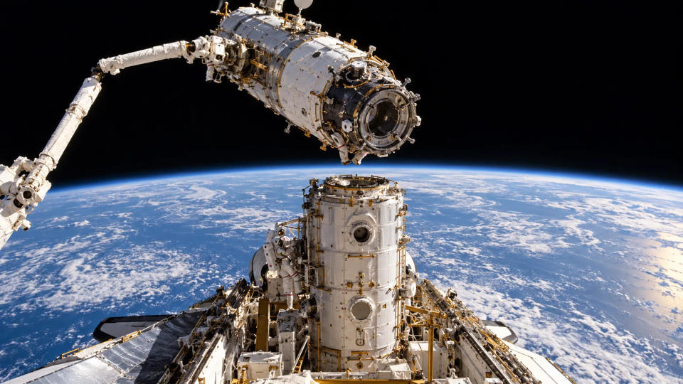 A robotic arm positions a cylindrical space-station module above another module during orbital assembly with Earth below.