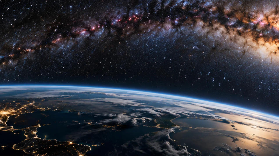 Earth beneath a bright band of the Milky Way, representing the search for other civilizations