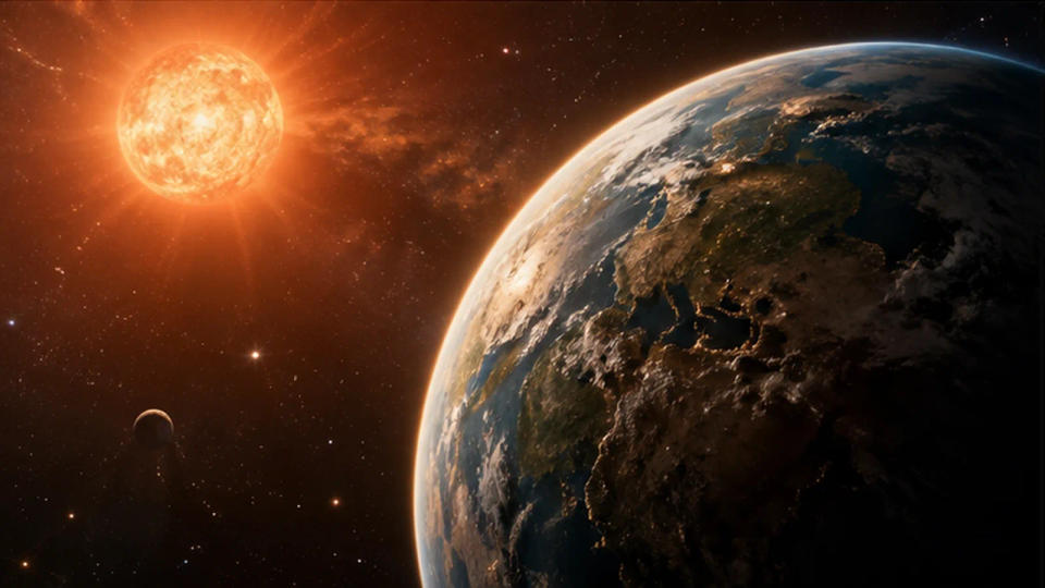 Conceptual rocky planet orbiting a distant orange star, illustrating a possible home for life