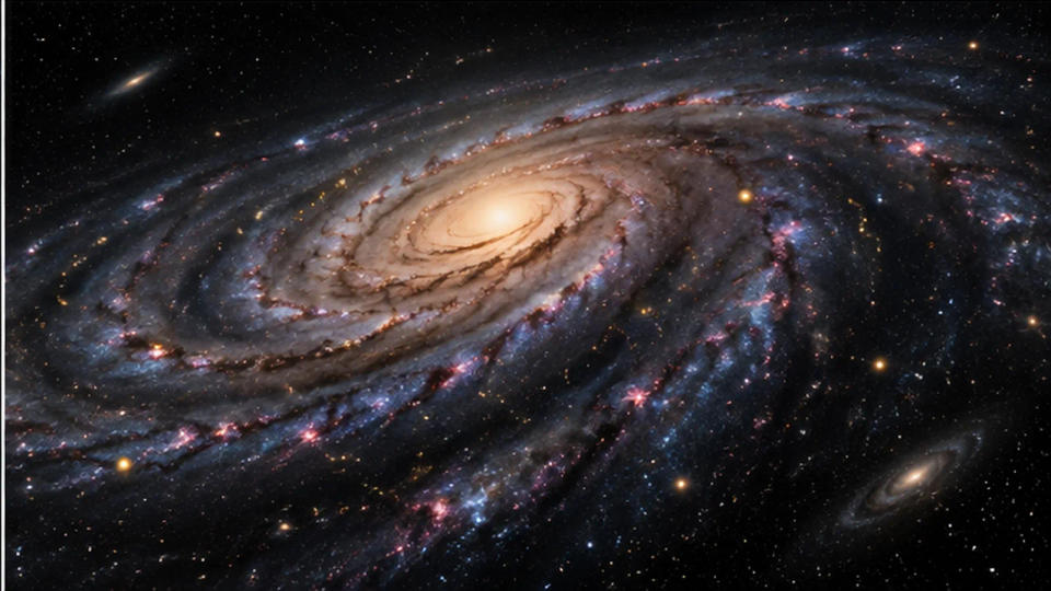 Illustrated face-on spiral galaxy with widely spread star regions, showing the immense scale of possible civilization separations