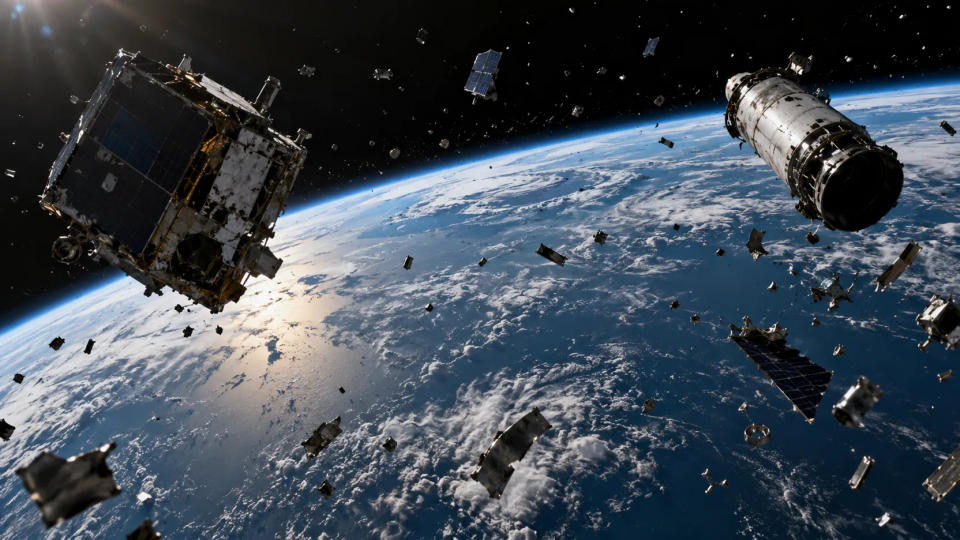 Earth seen from orbit with defunct satellites, a spent rocket stage, and scattered orbital debris