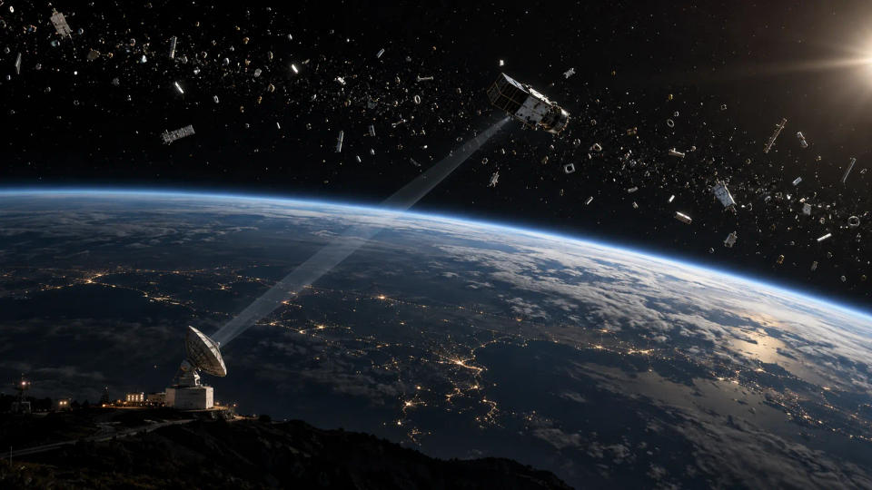 Ground radar tracking a large object in low Earth orbit while many smaller debris fragments remain around it