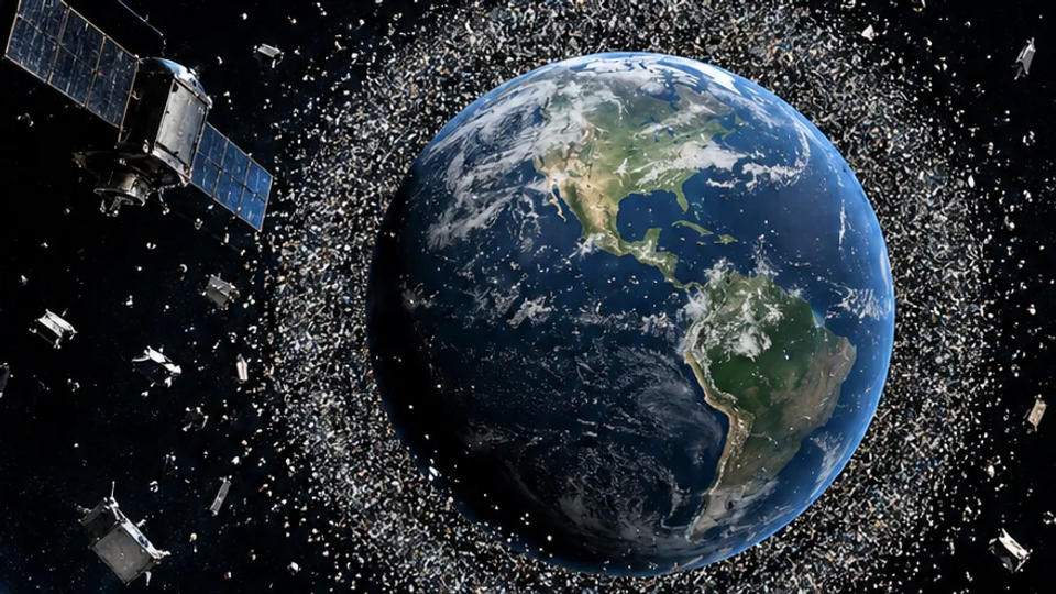 Stylized view of a defunct satellite and many orbital fragments surrounding Earth